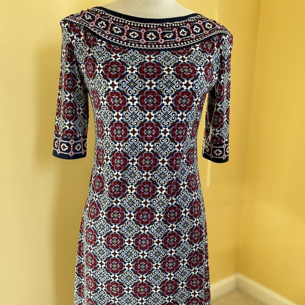 MAX STUDIO, EUC, red blue floral geometric stretch 3/4 sleeve, S